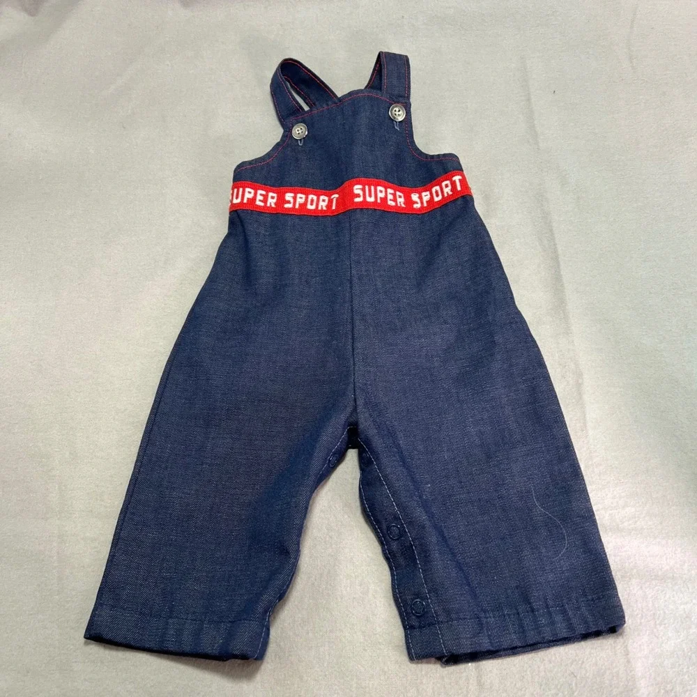 Health-tex Overalls Blue Denim Super Sport Red Graphic 70s Vintage 6 Months